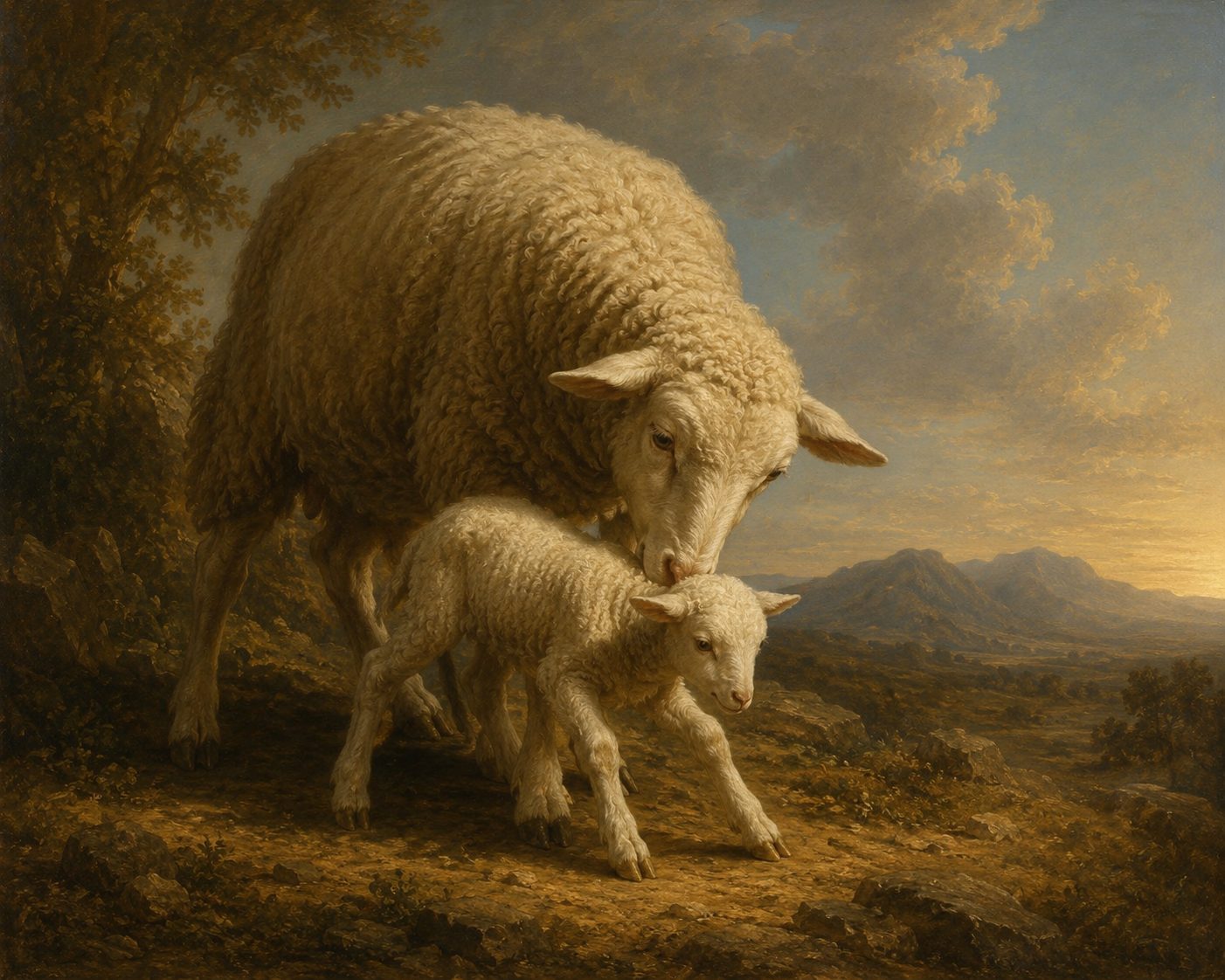 Pastoral shepherd with flock at golden hour